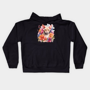 A devon rex cat decorated with beautiful watercolor flowers Kids Hoodie